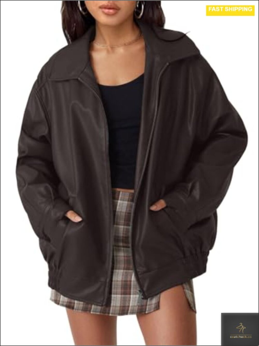 Women's Oversized Faux Leather Zip Up Motorcycle Jacket Bomber Coat